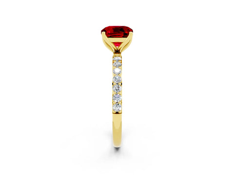 Yellow gold Cushion Cut Ruby Solitaire Engagement Ring with Pavé Band and Prong Setting_2