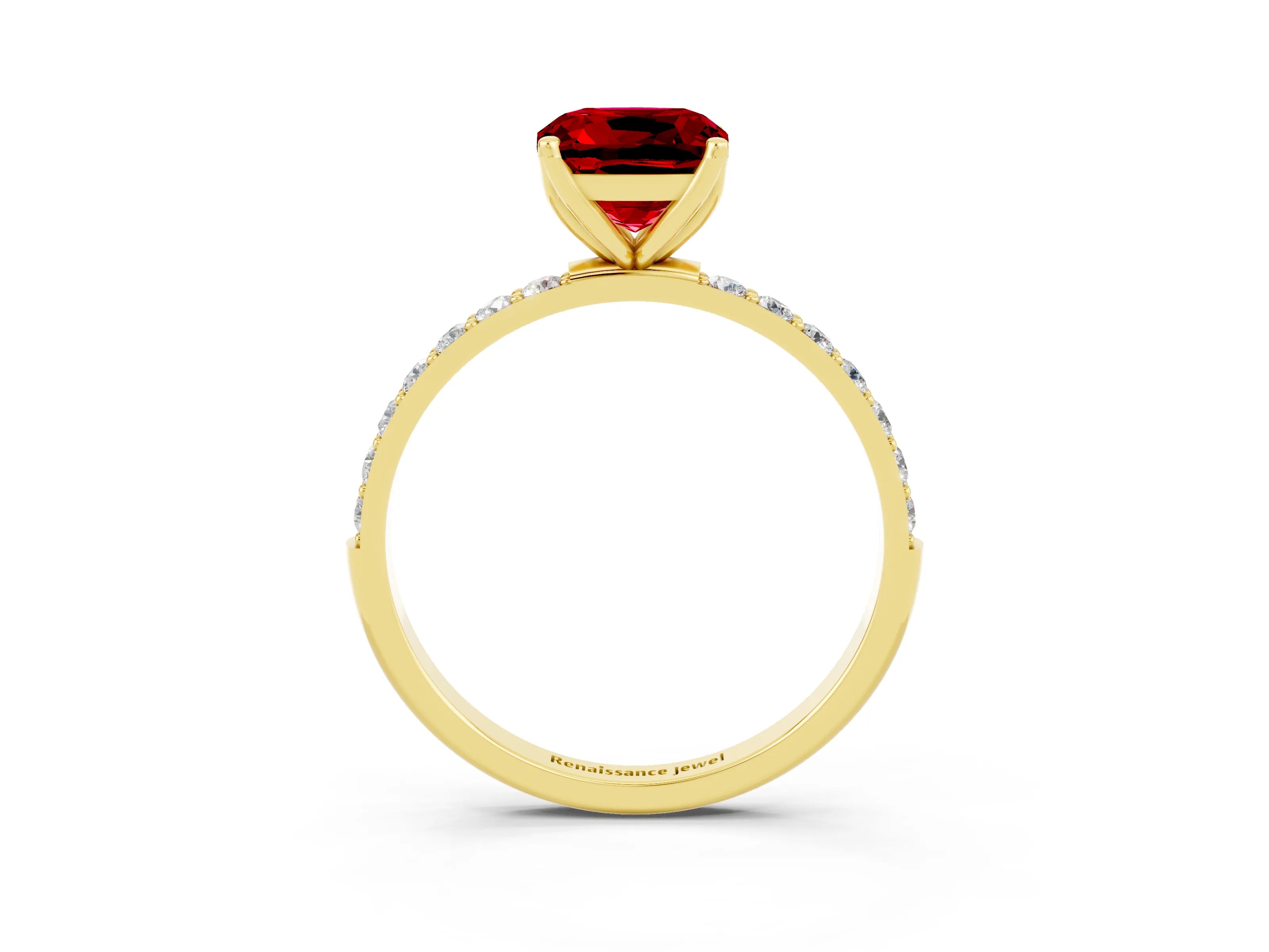 Yellow gold Cushion Cut Ruby Solitaire Engagement Ring with Pavé Band and Prong Setting_3