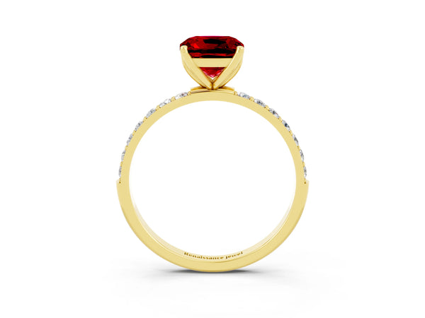 Yellow gold Cushion Cut Ruby Solitaire Engagement Ring with Round  Pavé Band and Prong Setting