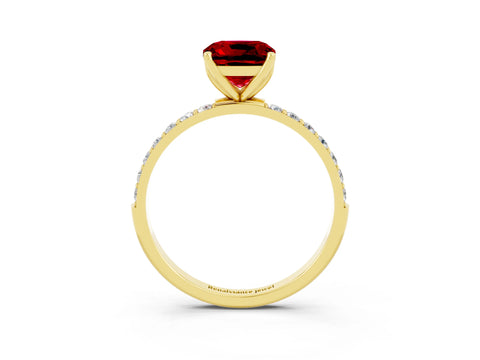 Yellow gold Cushion Cut Ruby Solitaire Engagement Ring with Pavé Band and Prong Setting_3