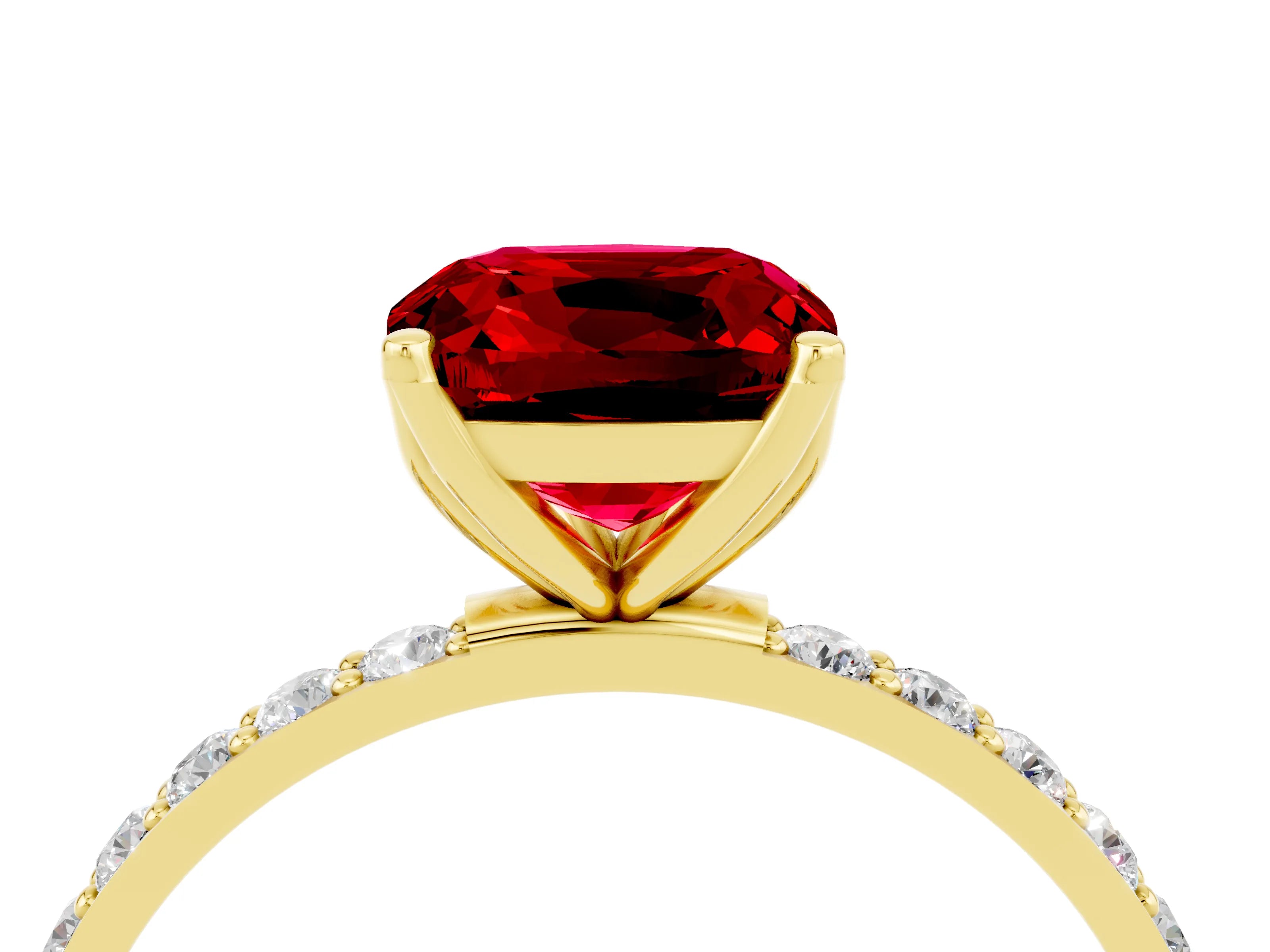 Yellow gold Cushion Cut Ruby Solitaire Engagement Ring with Pavé Band and Prong Setting_4
