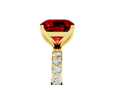 Yellow gold Cushion Cut Ruby Solitaire Engagement Ring with Pavé Band and Prong Setting_5