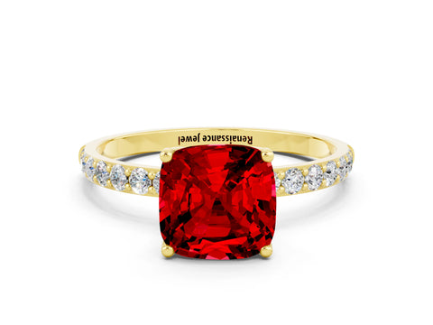 Yellow gold Cushion Cut Ruby Solitaire Engagement Ring with Pavé Band and Prong Setting