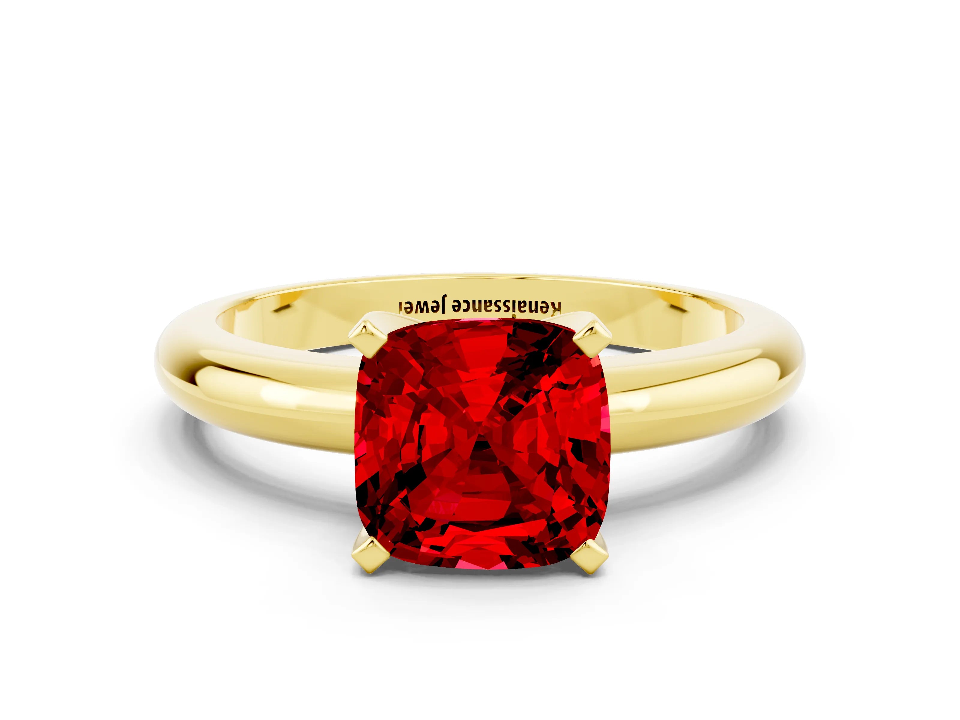 Yellow gold Cushion Cut Ruby Solitaire Engagement Ring with Round Band and Four-Prong Setting