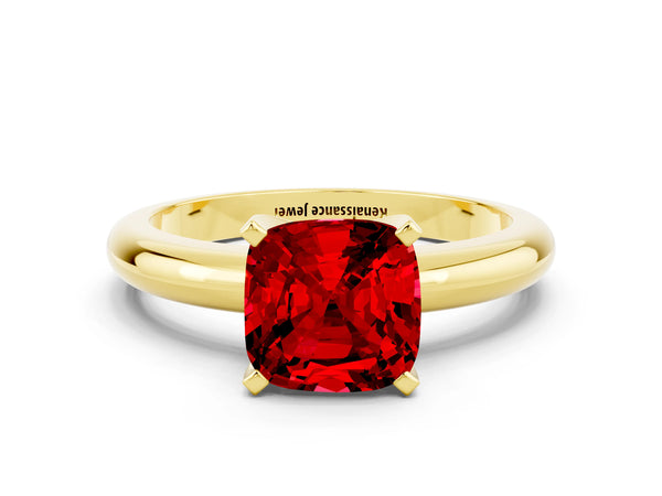 Yellow gold Cushion Cut Ruby Solitaire Engagement Ring with Round Band and Four-Prong Setting