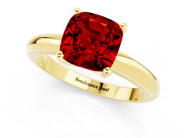 Yellow gold Cushion Cut Ruby Solitaire Engagement Ring with Round Band and Four-Prong Setting