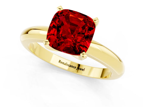 Yellow gold Cushion Cut Ruby Solitaire Engagement Ring with Round Band and Four-Prong Setting_1