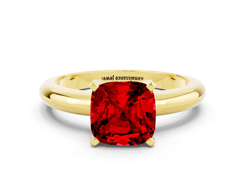 Yellow gold Cushion Cut Ruby Solitaire Engagement Ring with Round Band and Four-Prong Setting