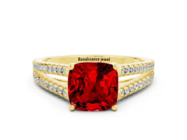 Yellow gold Cushion Cut Ruby Solitaire Engagement Ring with Split Shank Pavé Band