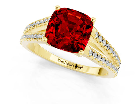 Yellow gold Cushion Cut Ruby Solitaire Engagement Ring with Split Shank Pavé Band_1