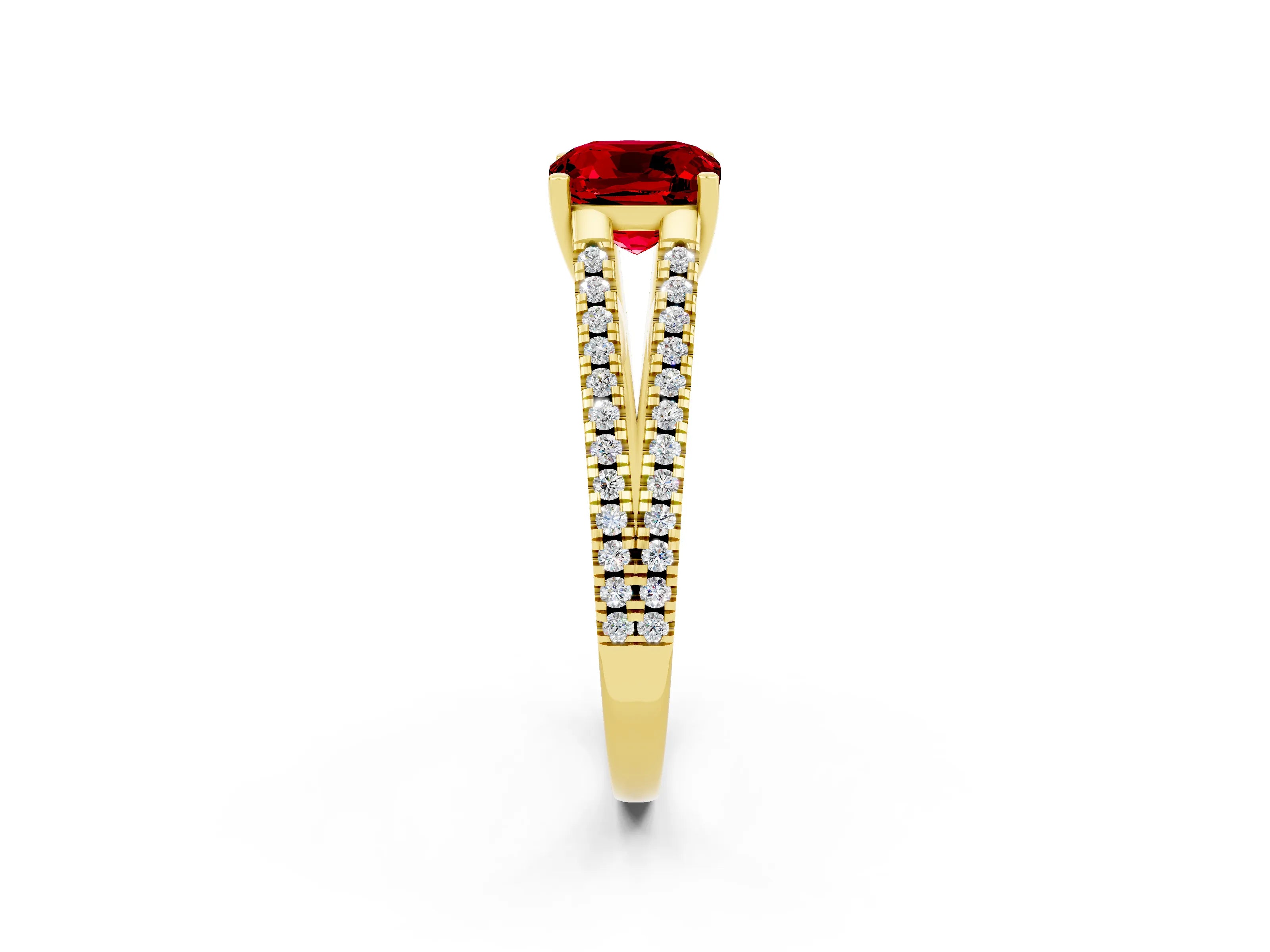 Yellow gold Cushion Cut Ruby Solitaire Engagement Ring with Split Shank Pavé Band_2