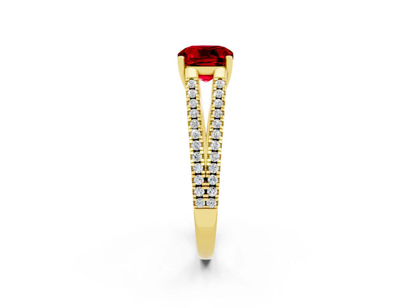 Yellow gold Cushion Cut Ruby Solitaire Engagement Ring with Split Shank Pavé Band