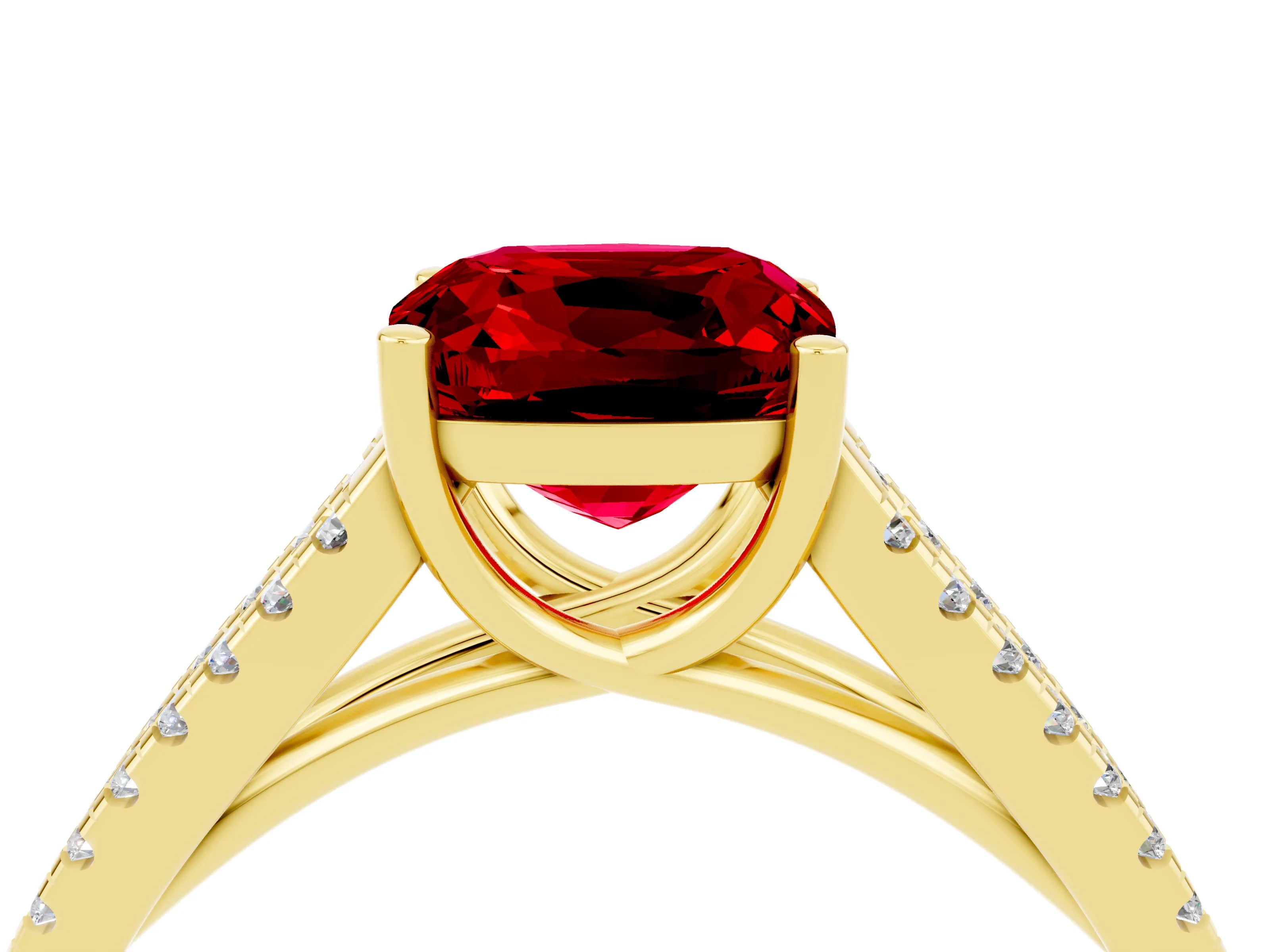 Yellow gold Cushion Cut Ruby Solitaire Engagement Ring with Split Shank Pavé Band_4