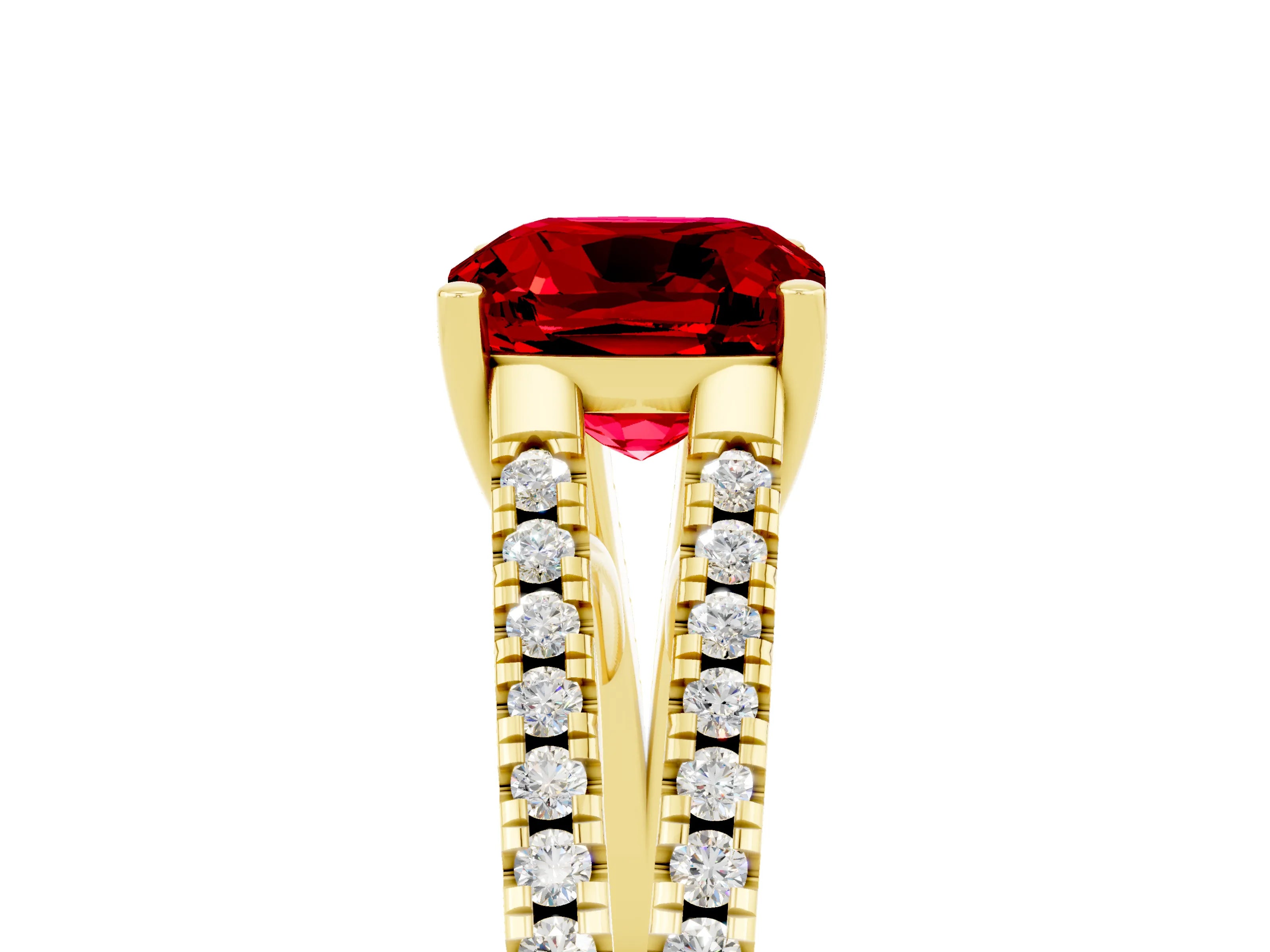 Yellow gold Cushion Cut Ruby Solitaire Engagement Ring with Split Shank Pavé Band_5