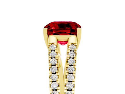 Yellow gold Cushion Cut Ruby Solitaire Engagement Ring with Split Shank Pavé Band_5