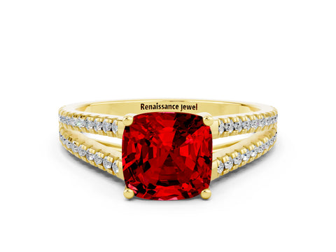 Yellow gold Cushion Cut Ruby Solitaire Engagement Ring with Split Shank Pavé Band