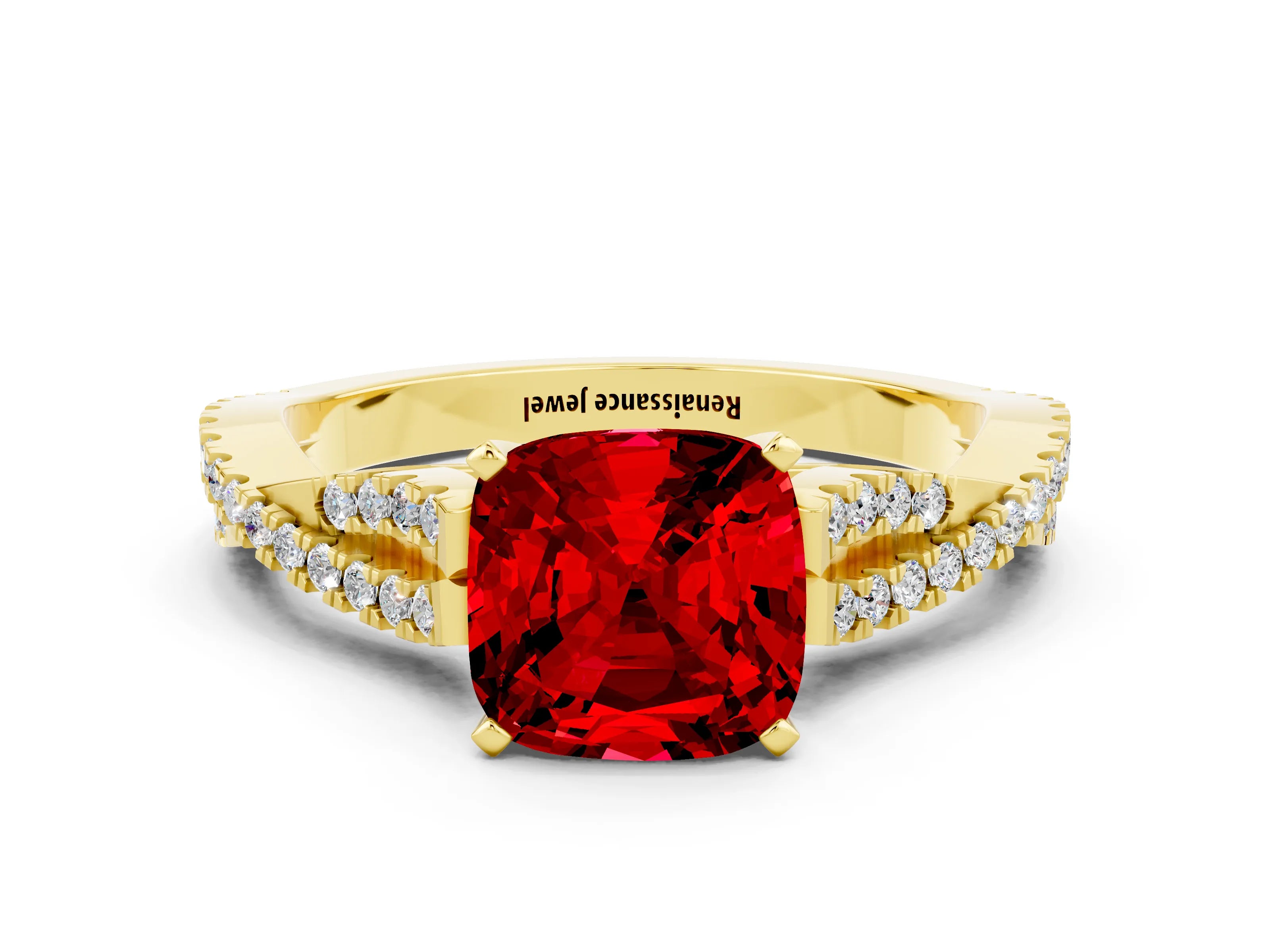 Yellow gold Cushion Cut Ruby Solitaire Engagement Ring with Twisted Pavé Band and Four-Prong Setting_12