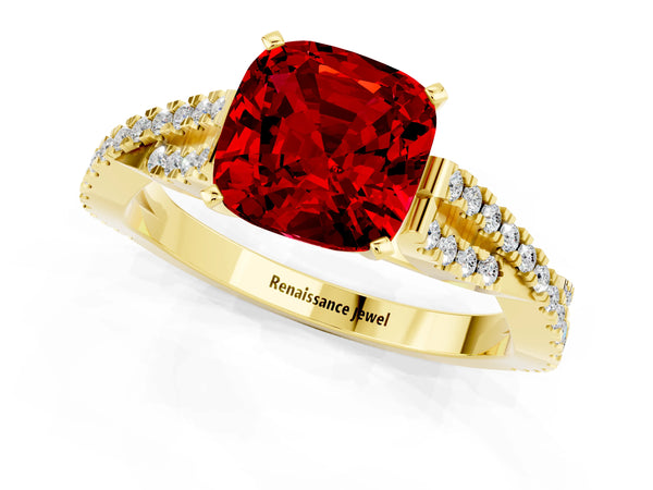 Yellow gold Cushion Cut Ruby Solitaire Engagement Ring with Twisted Pavé Band and Four-Prong Setting