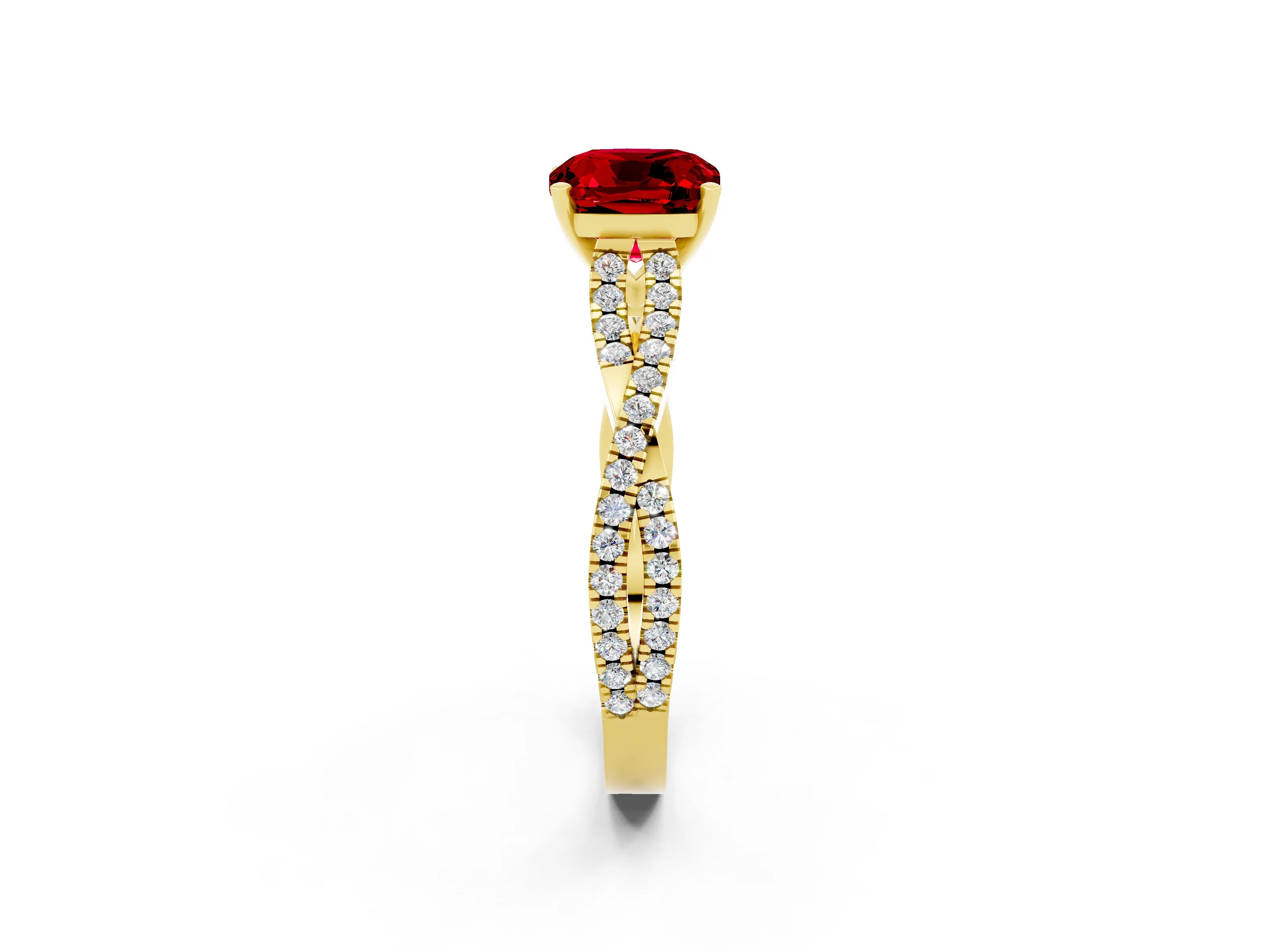 Yellow gold Cushion Cut Ruby Solitaire Engagement Ring with Twisted Pavé Band and Four-Prong Setting_14