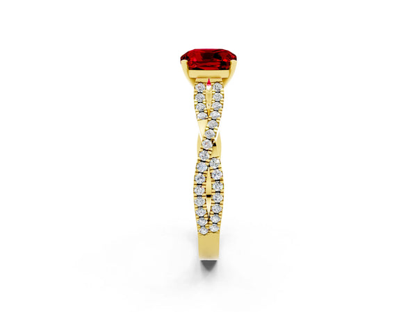 Yellow gold Cushion Cut Ruby Solitaire Engagement Ring with Twisted Pavé Band and Four-Prong Setting