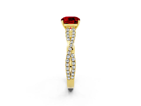 Yellow gold Cushion Cut Ruby Solitaire Engagement Ring with Twisted Pavé Band and Four-Prong Setting_14