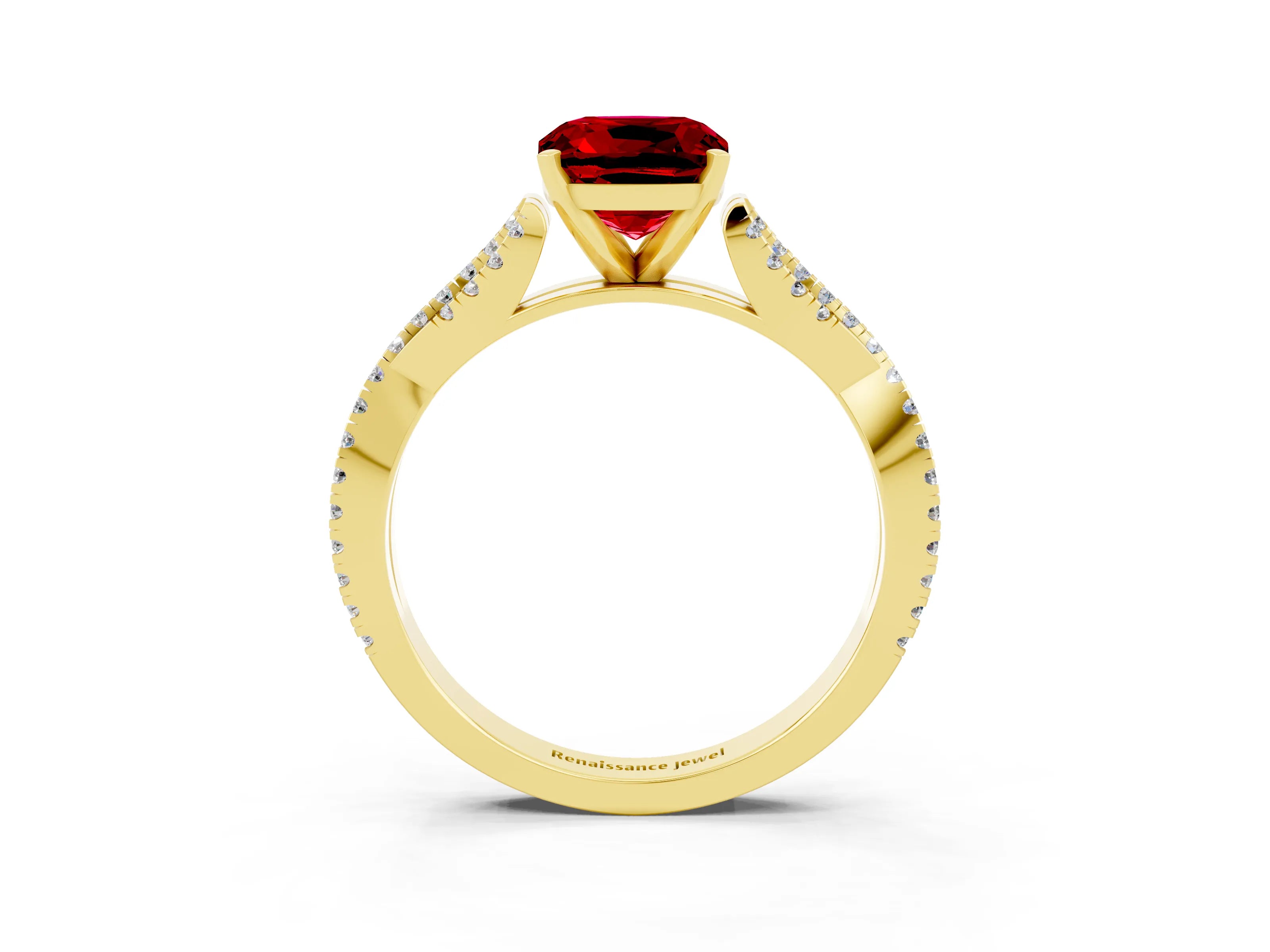 Yellow gold Cushion Cut Ruby Solitaire Engagement Ring with Twisted Pavé Band and Four-Prong Setting_15