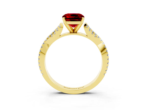 Yellow gold Cushion Cut Ruby Solitaire Engagement Ring with Twisted Pavé Band and Four-Prong Setting