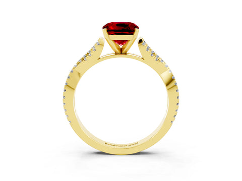 Yellow gold Cushion Cut Ruby Solitaire Engagement Ring with Twisted Pavé Band and Four-Prong Setting_15
