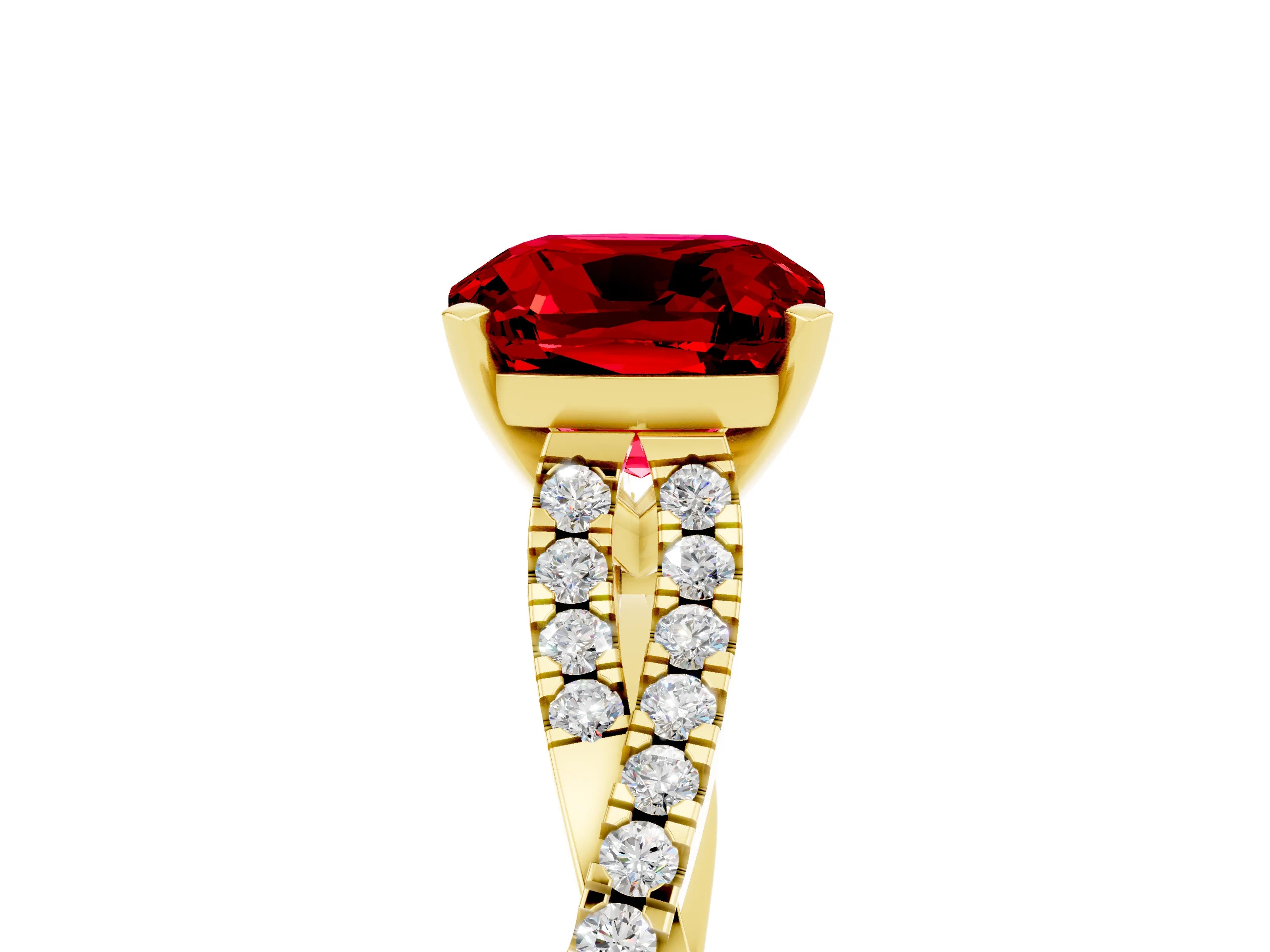 Yellow gold Cushion Cut Ruby Solitaire Engagement Ring with Twisted Pavé Band and Four-Prong Setting_17