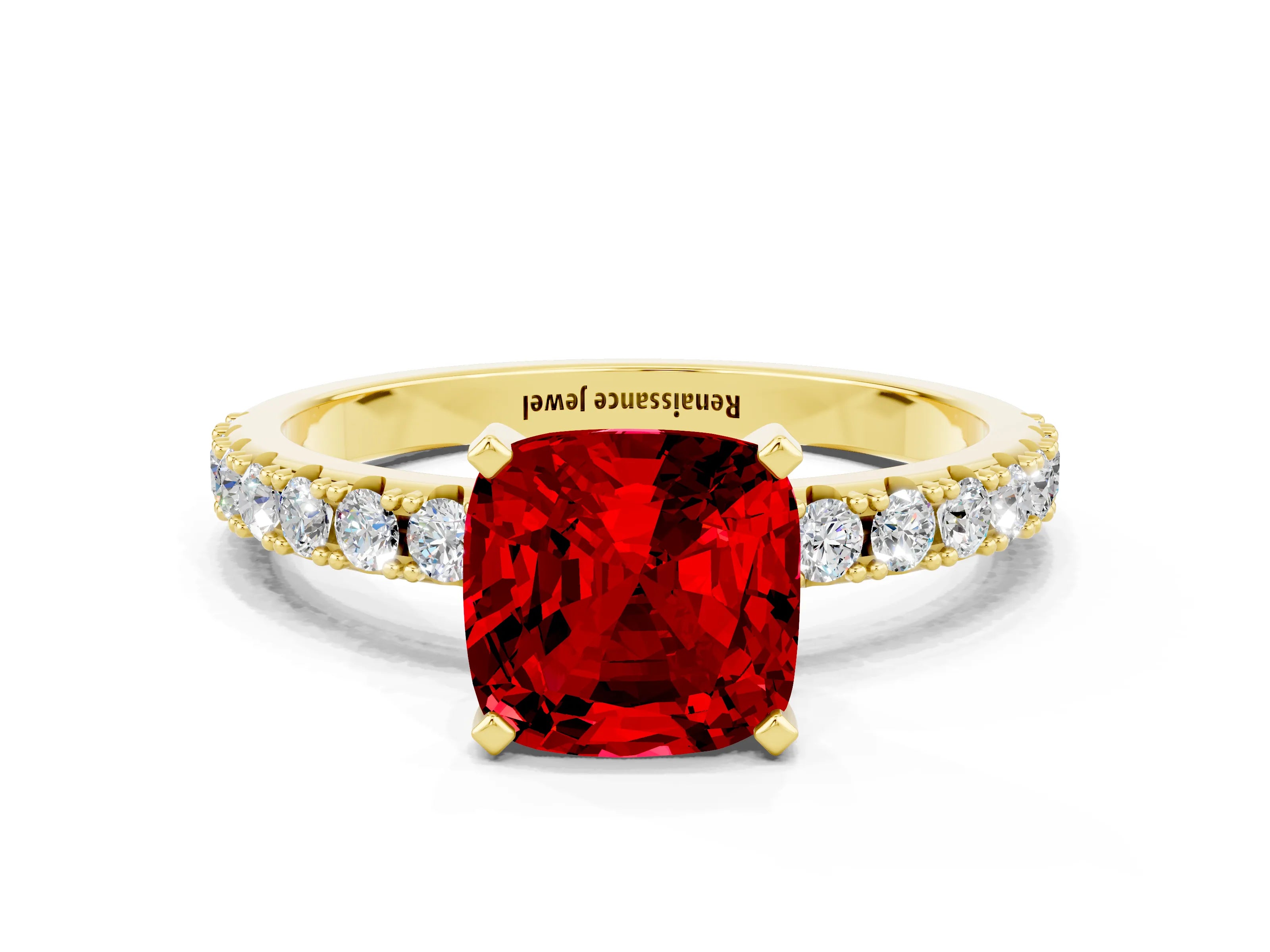 Yellow gold Cushion Cut Ruby Solitaire Pavé Band with Four-Prong Setting