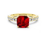 Yellow gold Cushion Cut Ruby Solitaire Pavé Band with Four-Prong Setting
