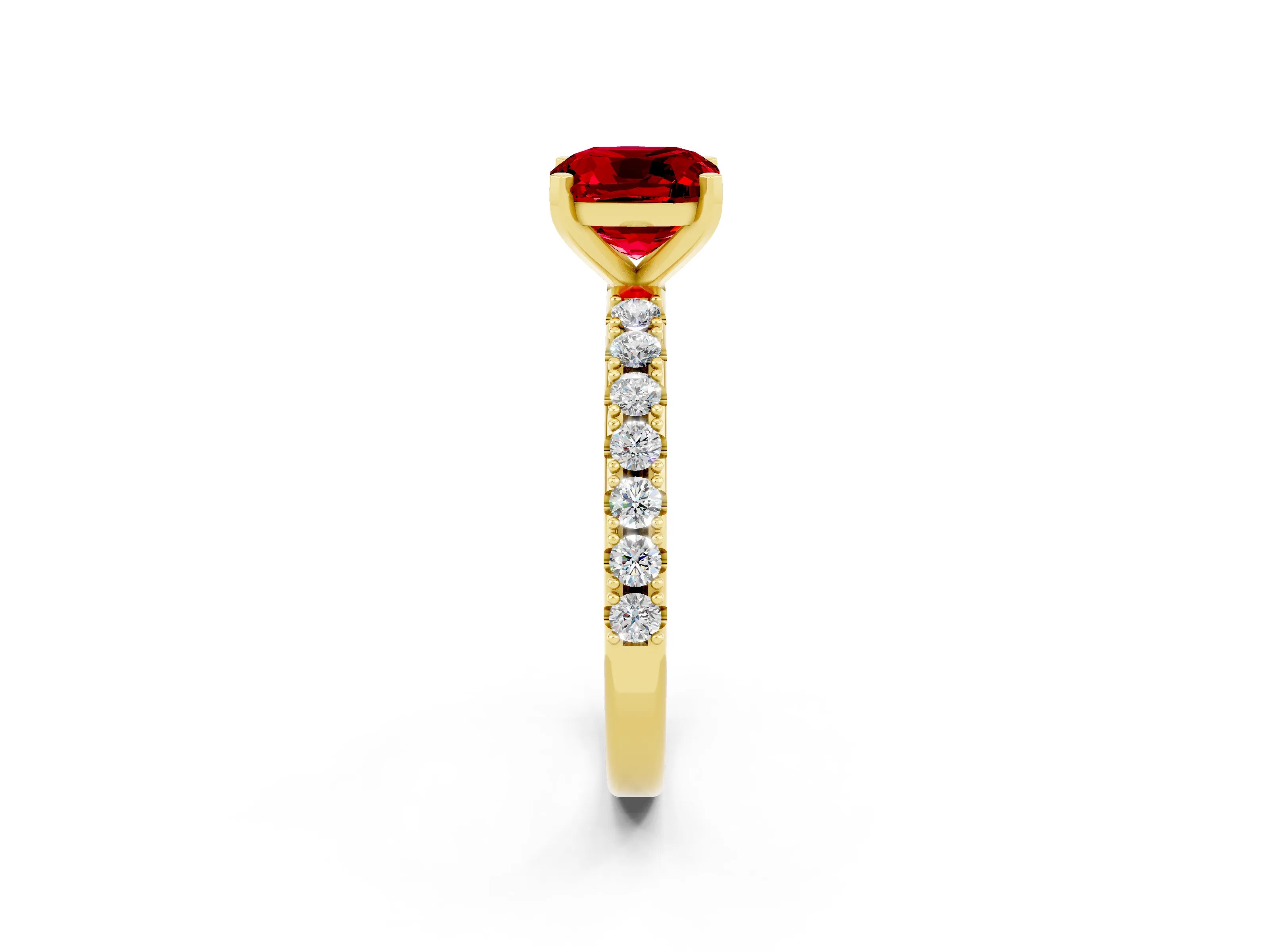 Yellow gold Cushion Cut Ruby Solitaire Pavé Band with Four-Prong Setting_2