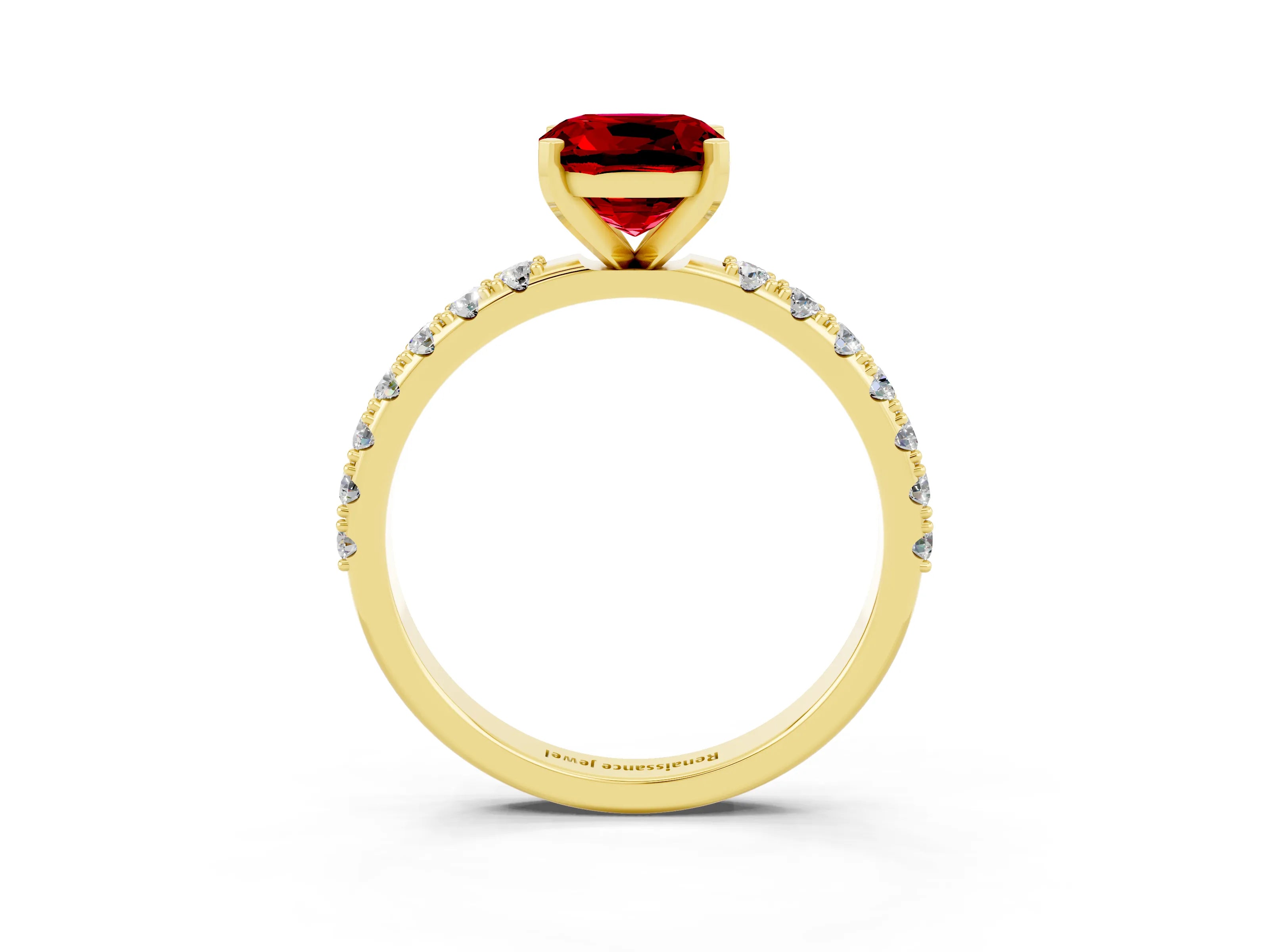 Yellow gold Cushion Cut Ruby Solitaire Pavé Band with Four-Prong Setting_3