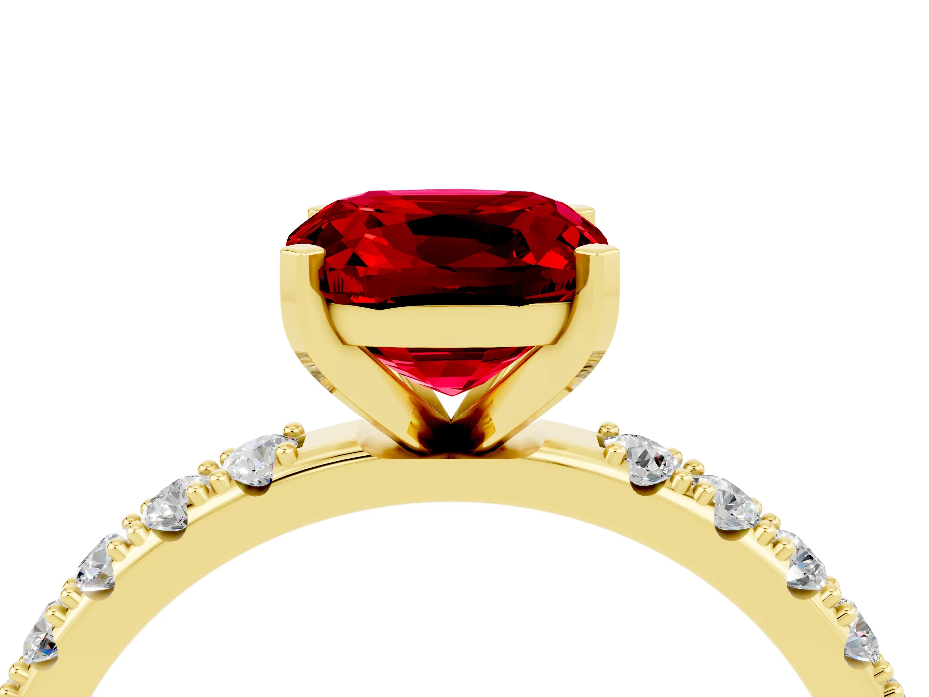 Yellow gold Cushion Cut Ruby Solitaire Pavé Band with Four-Prong Setting_4