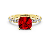 Yellow gold Cushion Cut Ruby Solitaire Pavé Engagement Ring with Round Band and Prong Setting_12