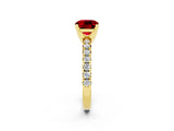 Yellow gold Cushion Cut Ruby Solitaire Pavé Engagement Ring with Round Band and Prong Setting_14
