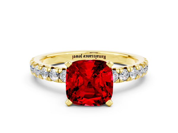 Yellow gold Cushion Cut Ruby Solitaire Pavé Engagement Ring with Round Band and Prong Setting