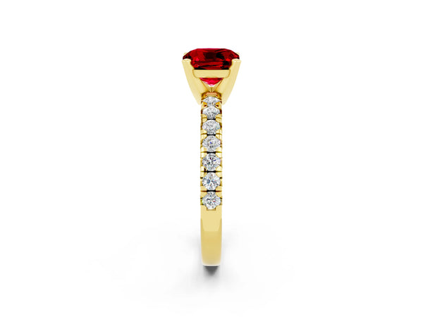 Yellow gold Cushion Cut Ruby Solitaire Pavé Engagement Ring with Round Band and Prong Setting