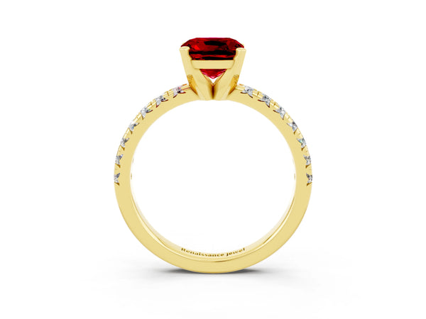 Yellow gold Cushion Cut Ruby Solitaire Pavé Engagement Ring with Round Band and Prong Setting