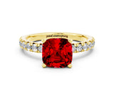 Yellow gold Cushion Cut Ruby Solitaire Pavé Engagement Ring with Round Band and Prong Setting_84