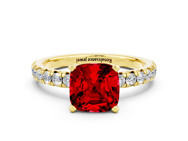 Yellow Gold Cushion Cut Lab-Grown Ruby Solitaire Engagement Ring with Large Round Accent Band