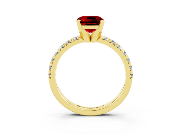 Yellow Gold Cushion Cut Lab-Grown Ruby Solitaire Engagement Ring with Large Round Accent Band
