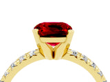 Yellow gold Cushion Cut Ruby Solitaire Pavé Engagement Ring with Round Band and Prong Setting_88