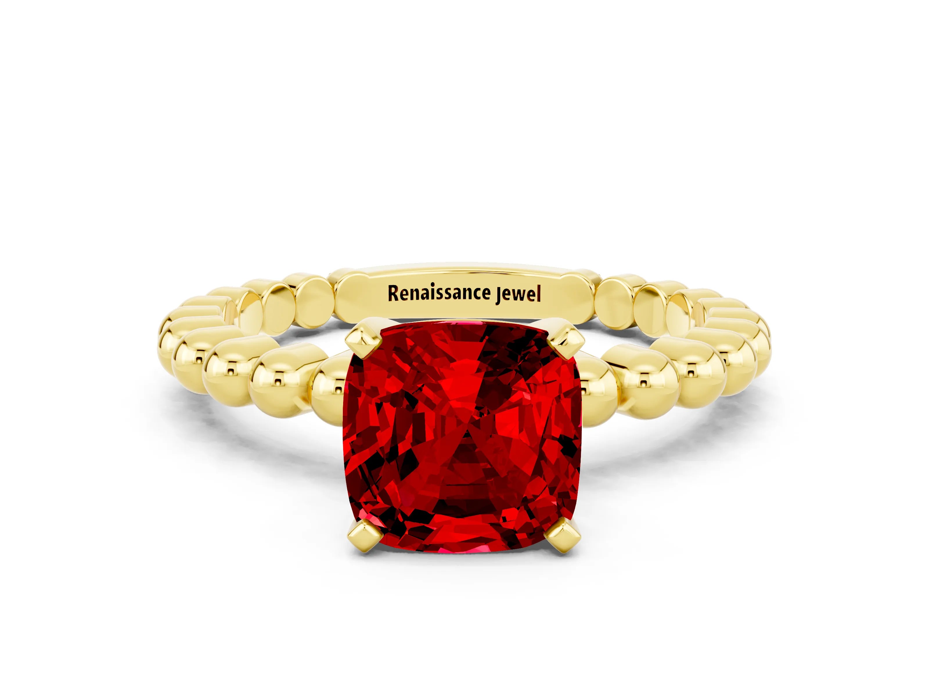 Yellow gold Cushion Cut Ruby Solitaire Ring with Beaded Band and Prong Setting