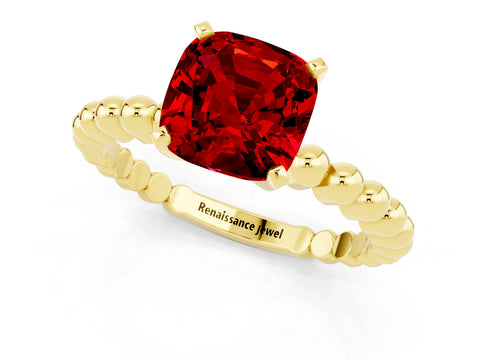 Yellow gold Cushion Cut Ruby Solitaire Ring with Beaded Band and Prong Setting_1