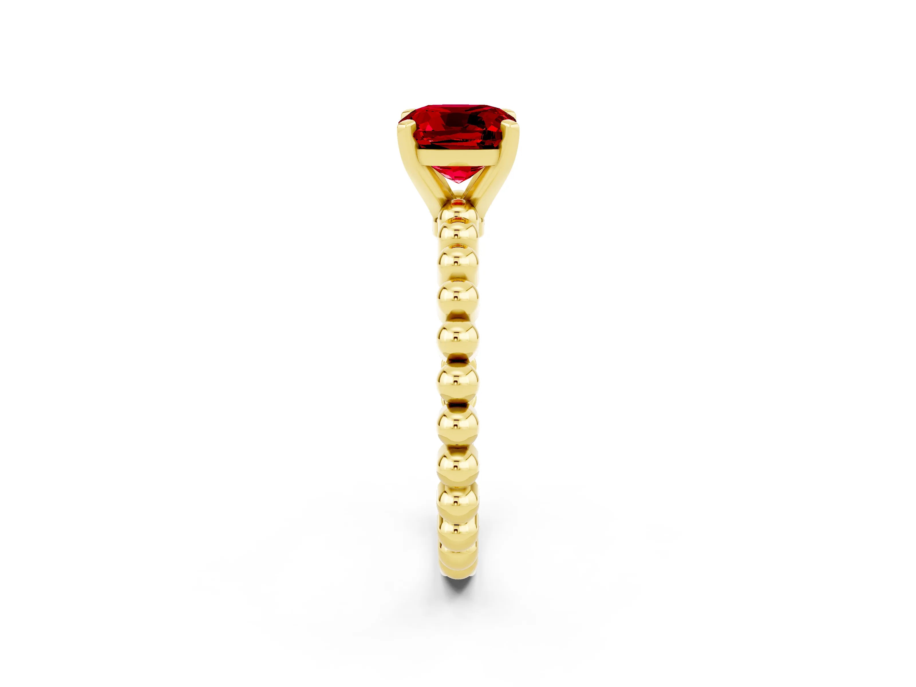 Yellow gold Cushion Cut Ruby Solitaire Ring with Beaded Band and Prong Setting_2