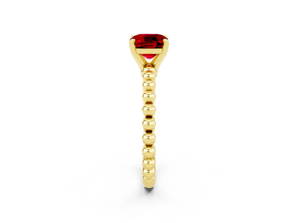 Yellow gold Cushion Cut Ruby Solitaire Ring with Beaded Band and Prong Setting