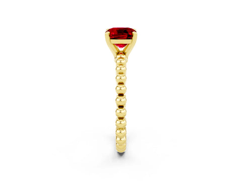 Yellow gold Cushion Cut Ruby Solitaire Ring with Beaded Band and Prong Setting_2