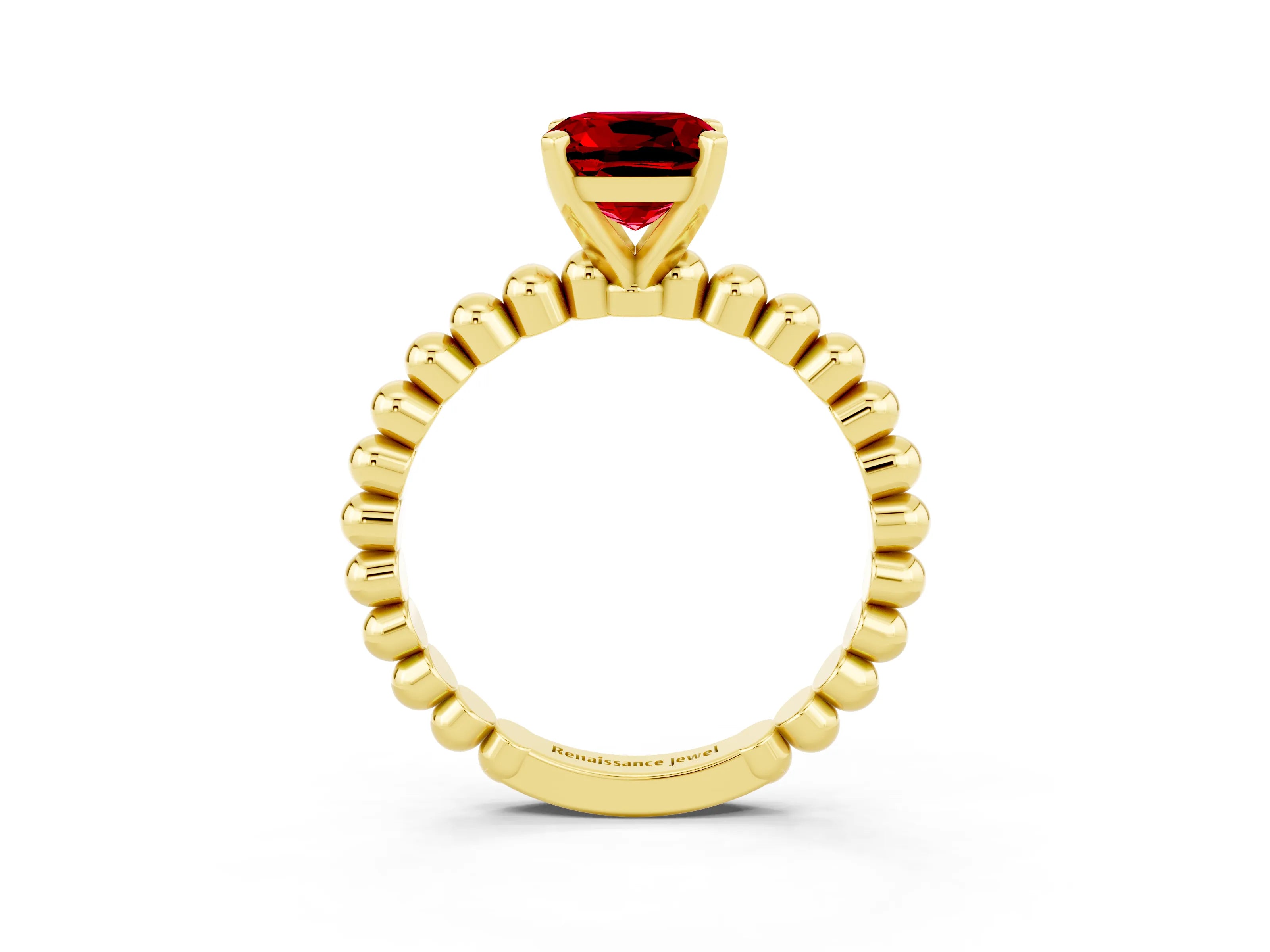 Yellow gold Cushion Cut Ruby Solitaire Ring with Beaded Band and Prong Setting_3