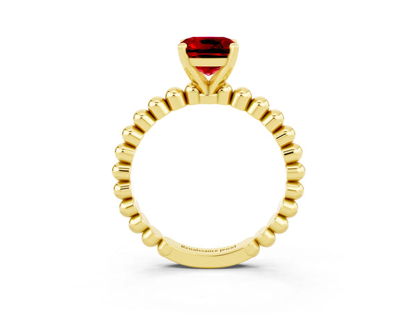 Yellow gold Cushion Cut Ruby Solitaire Ring with Beaded Band and Prong Setting